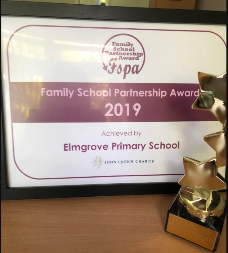 Photo of our Family School Partnership Award dated 2019