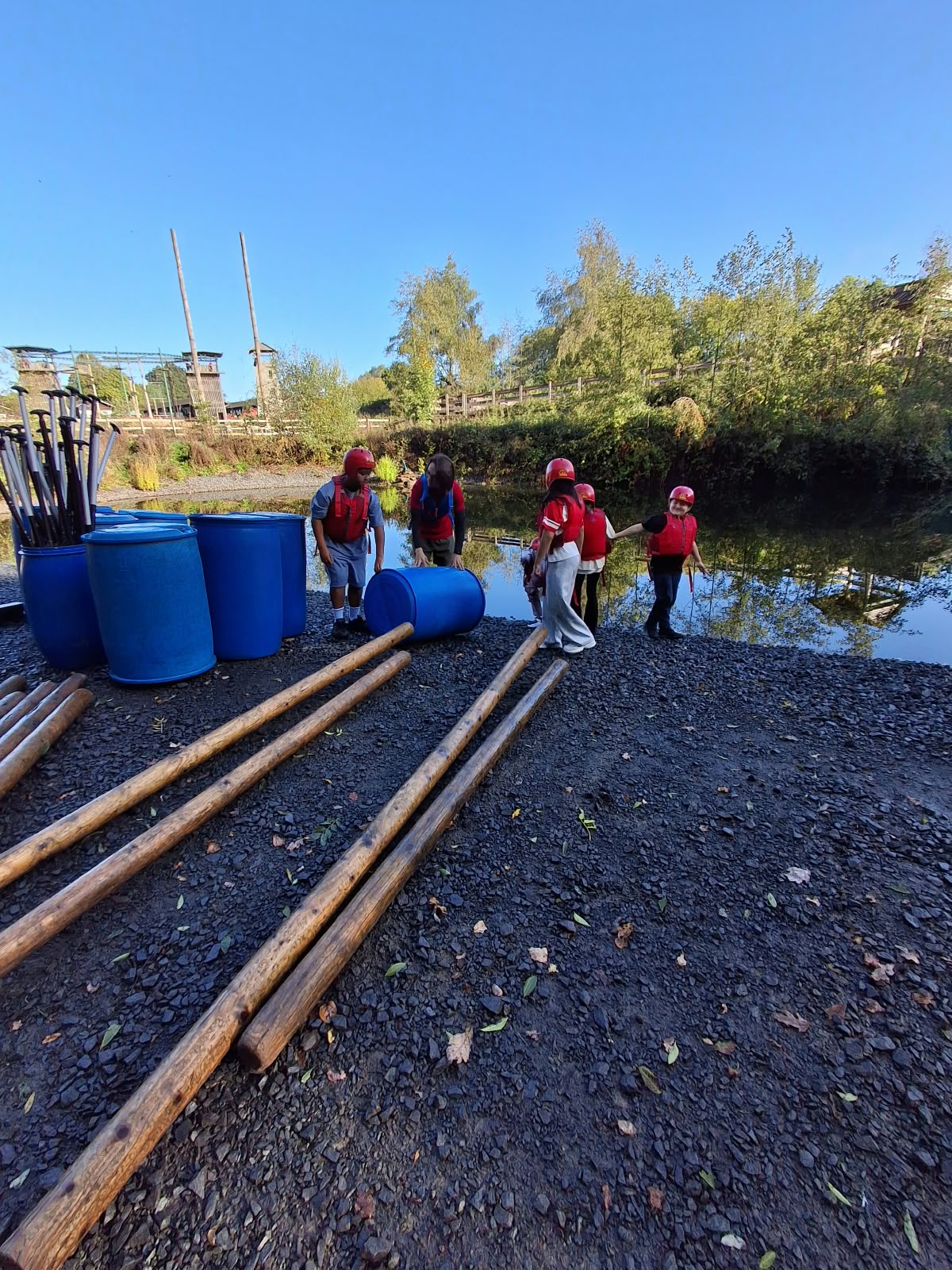 Year 5 & 6 children building and testing rafts