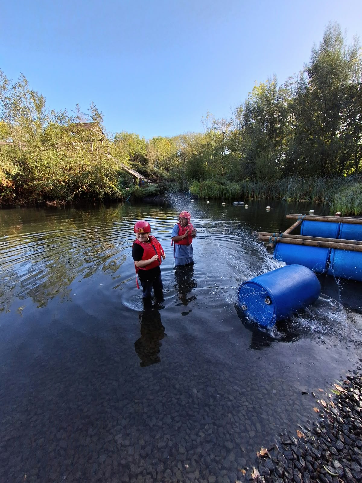 Year 5 & 6 children building and testing rafts