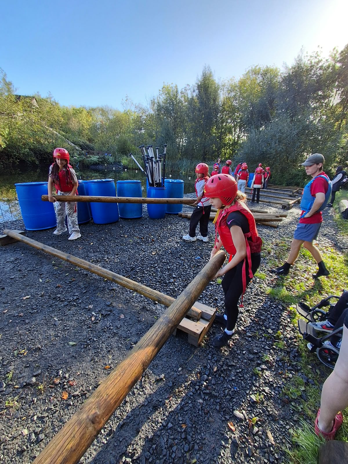 Year 5 & 6 children building and testing rafts