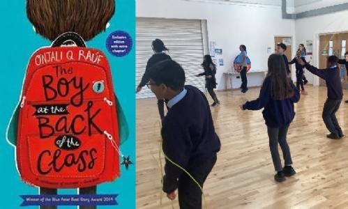 Cover of 'The boy at the back of the class' & Year 6 skipping in the hall